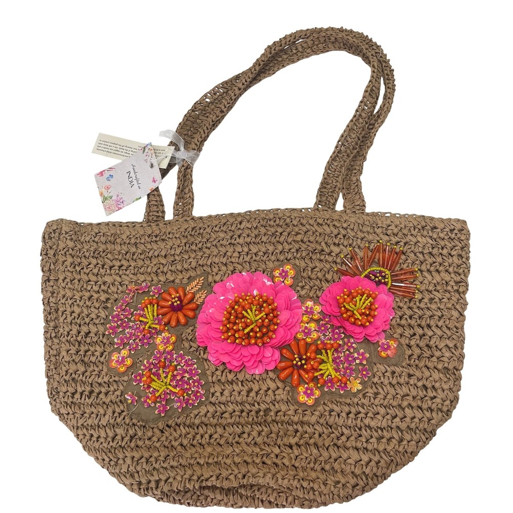 Handcrafted Woven Straw Tote Bag Pink Floral Beaded Sequin Tan Shoulder Bag